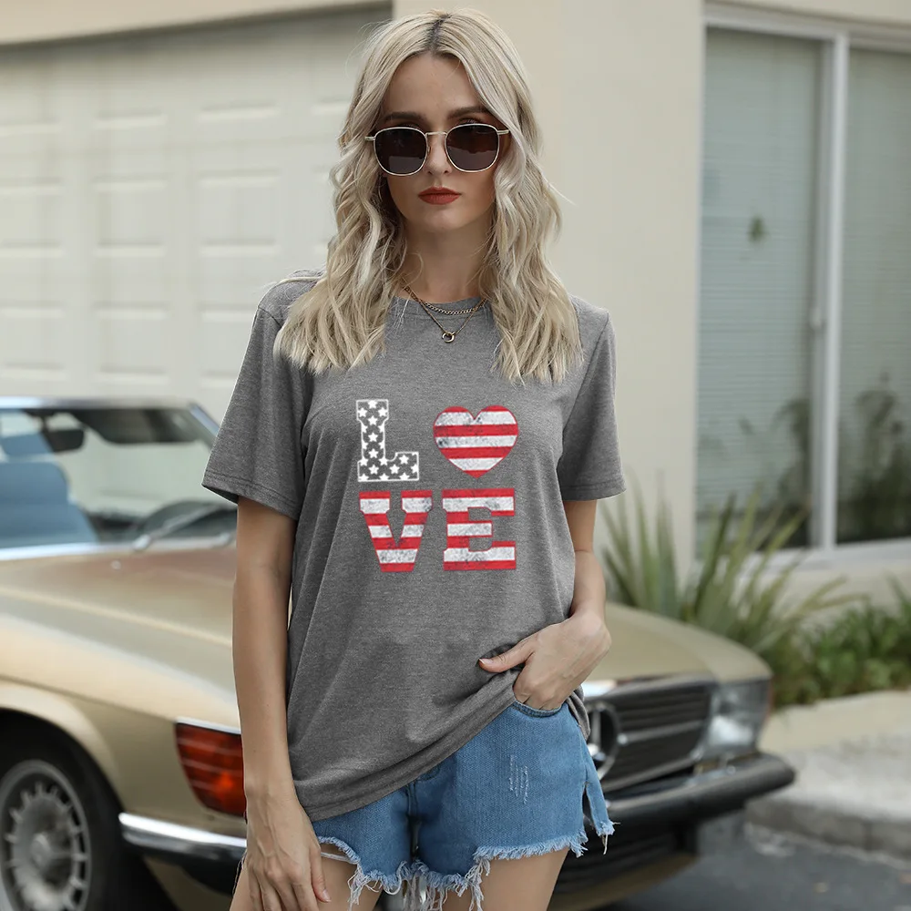 

2021 New Arrival Flag LOVE Printed T-shirt Loose Casual Tee Tops Round Collar Pullover Summer Shirts for Women S-3XL 14 Colors