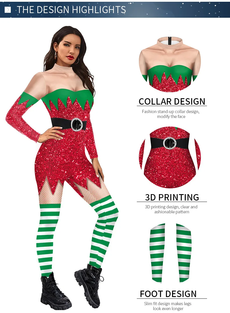 Женский костюм для взрослых на Рождество с цифровым принтом приталенный