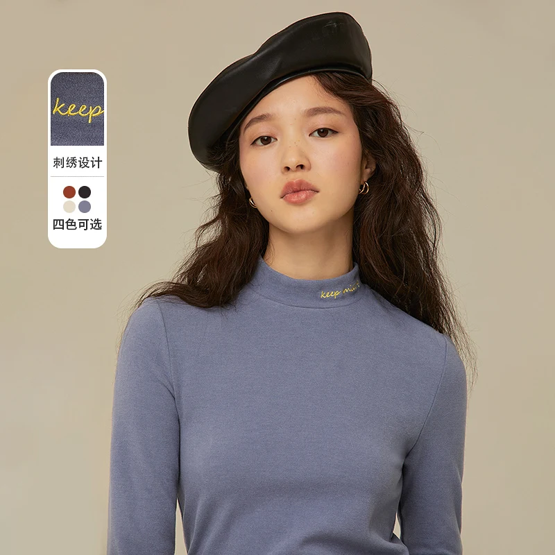 

FAKUNTN Autumn Winter Women's T-Shirt Designer Clothes Chic Embroidery Half Turtleneck Mutilcolor Casual Long Sleeve Tees