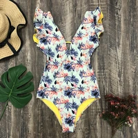 2021 new ruffle one piece swimsuit off the shoulder swimwear women print floral deep v bathing suit bodysuit beach wear monokini