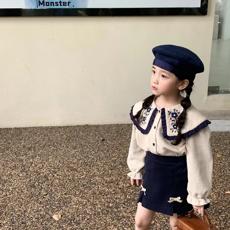 Осенние комплекты одежды в Корейском стиле для девочек рубашка с отложным