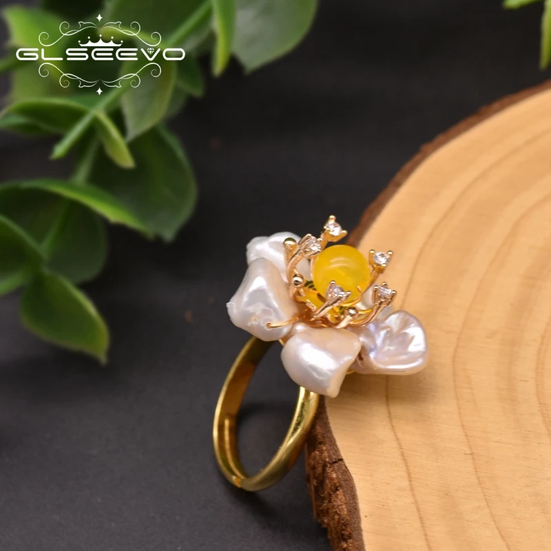 

GLSEEVO Natural Baroque Fresh Water Pearl Women's Flower adjustable Rings 925 Sterling Silver Handmade Gift Fine Jewelry GR0266B