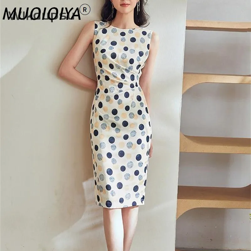 

Женское офисное платье без рукавов, классическое винтажное платье-карандаш в горошек с круглым вырезом, Элегантное повседневное платье сре...