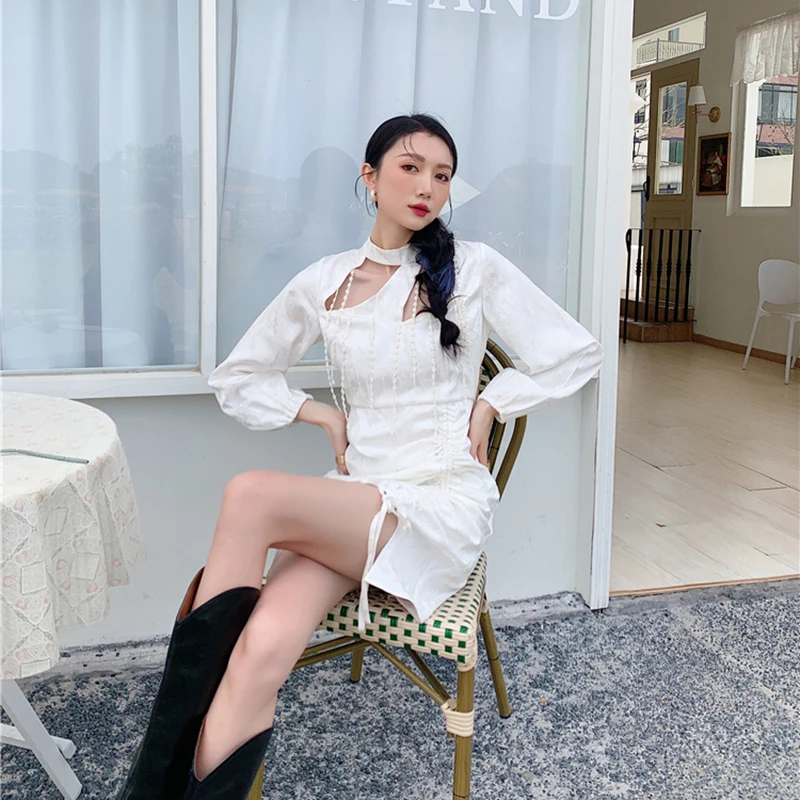 

XIZIHUPAN White Beading Solid Dress For Women High Waist Hollow Out Vintage Temperament Dresses Spring Fashion New Clothing 2021