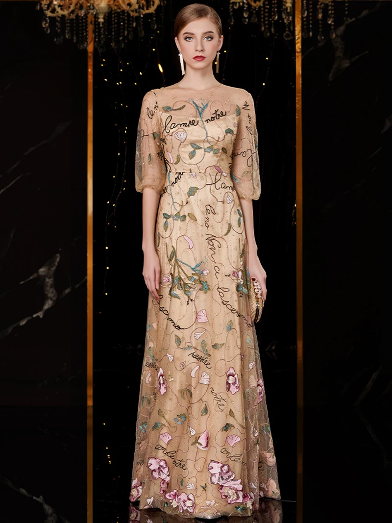 Женское вечернее платье с круглым вырезом и рукавом три четверти | Свадьбы