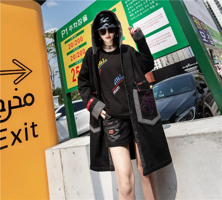 Max LuLu, роскошная Корейская теплая уличная одежда, женское черное пальто, Женский винтажный джинсовый Тренч, меховое длинное пальто с капюшоном, зимняя одежда