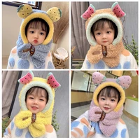 toddler kids baby boy girl winter warm plush scarf hats earflap beanie hat cap cute bear cartoon mickey fruit 2021