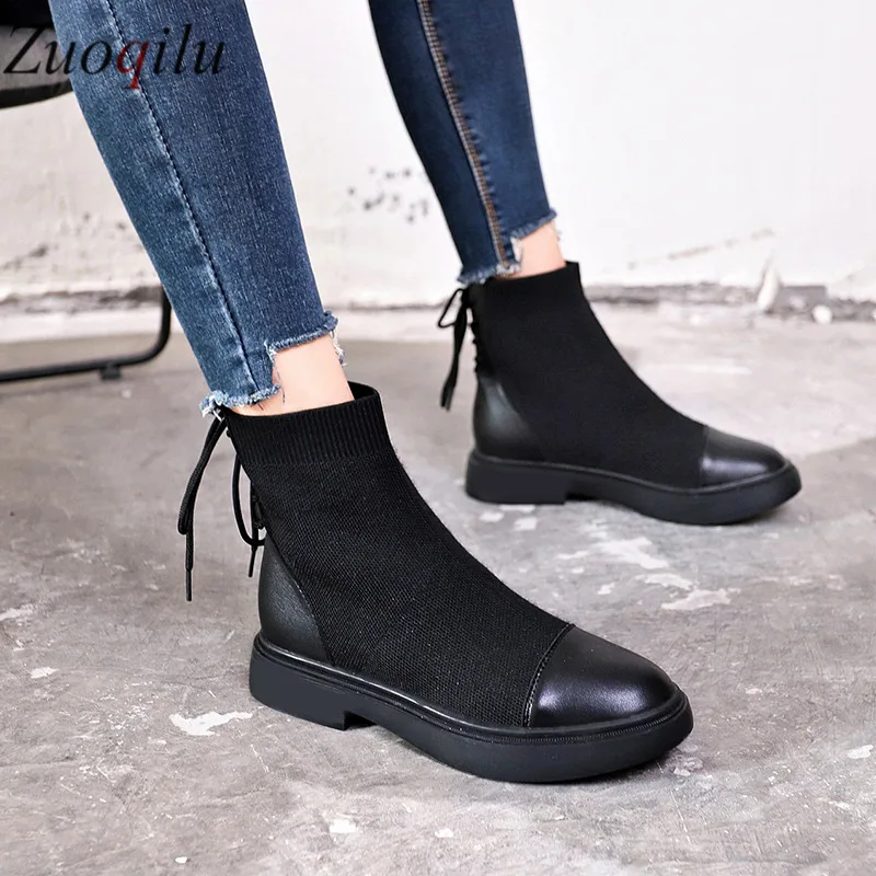 2019 г. растягивающиеся носки ботинки женская обувь черного цвета ботильоны без