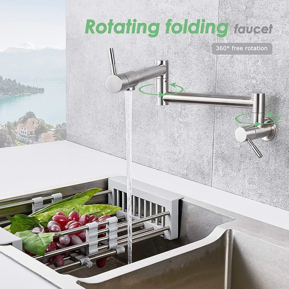 

Foldable Brass Wall Mounted Kitchen Faucet Pot Filler Faucet Swivel Folding With Dual Spout Deck Mounted