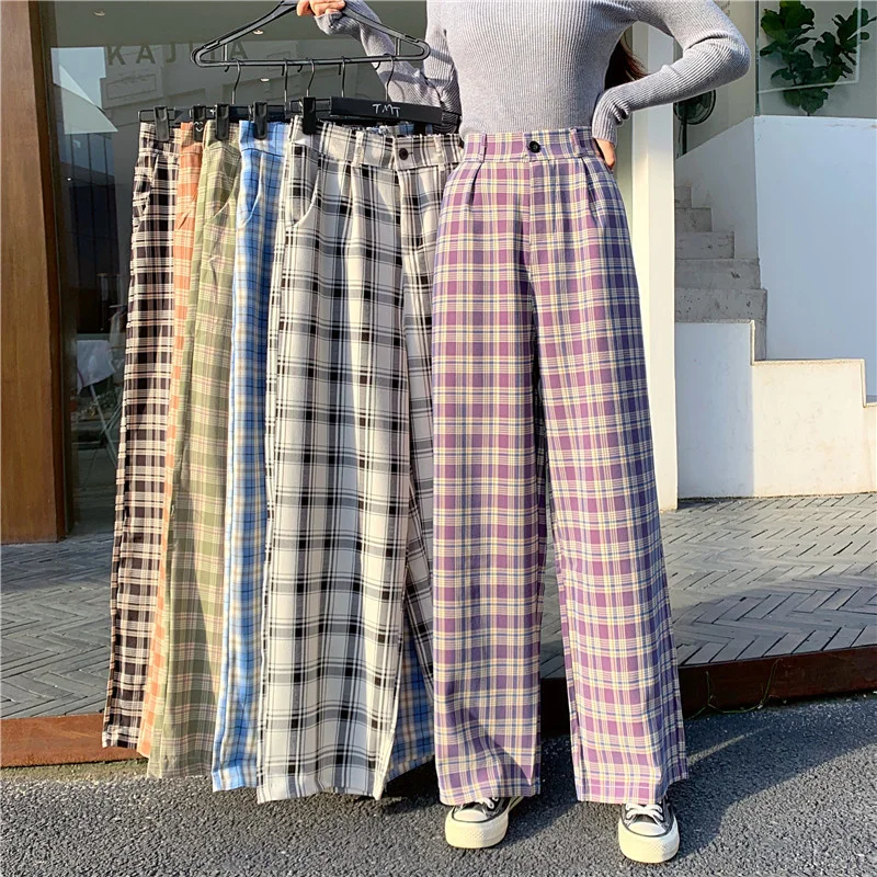

Simple Vintage Plaid Causal Long Women Pants Street Fashion Straight Wide Leg