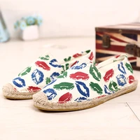 summer linen loafers couple lip print women flat shoes slip on outdoor men casual shoes breathable fisherman shoes large size 45