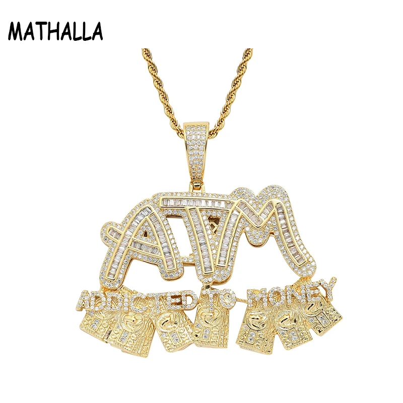

MATHALLA Mens Jewelry Hiphop Iced Out CZ Letter Pendant Necklace Gold Micro Paved Cubic Zircon ATM Addicted to Money Pendant