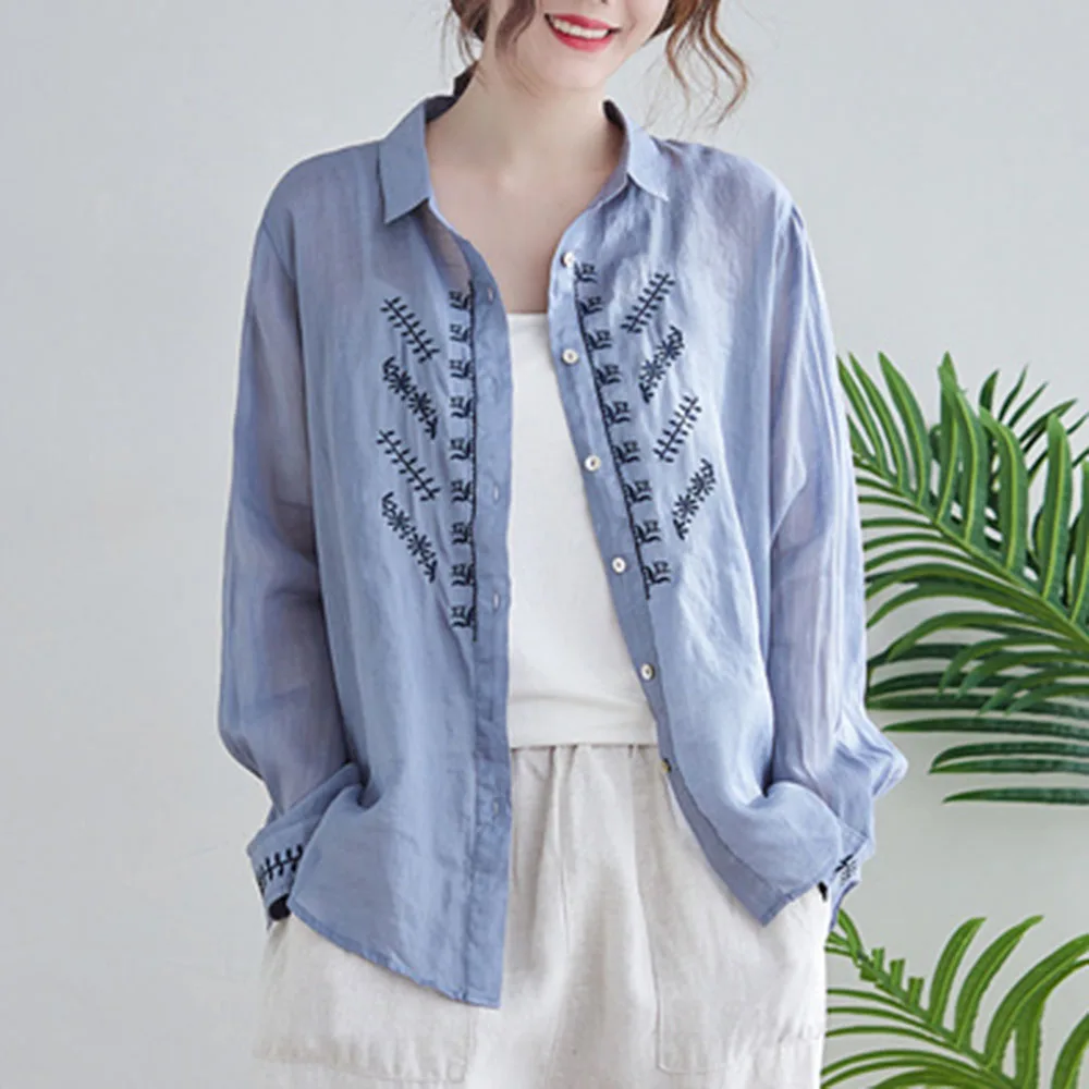 

Spring New Literary Plus Size Printed Shirt 2021 Women's Casual Solid Color Shirt Creative Pattern Long-sleeved Ladies Blouse