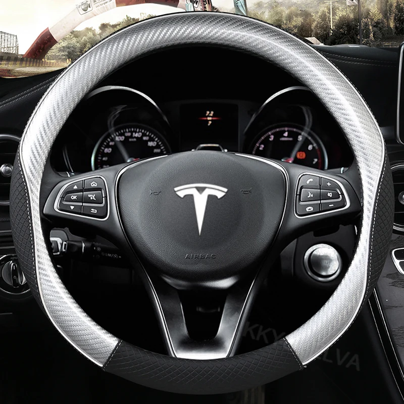 

Luxury Leather+Carbon Fiber 38CM For Tesla Model 3 Model Y Model X Model S Car Steering Wheel Cover Interior Accessories