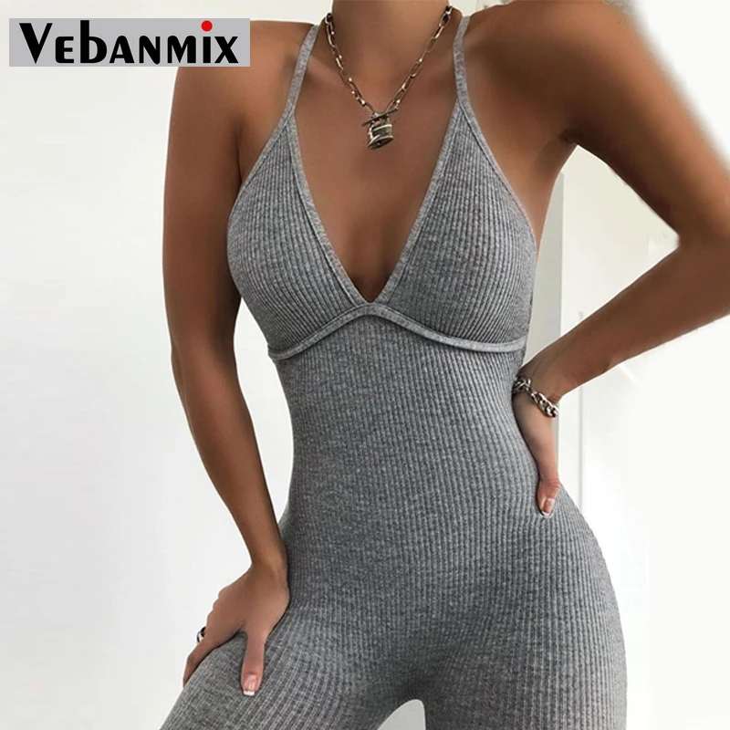 

Women Sleeveless V-neck Solid Ribbed Open Back Cross Sexy Jumpsuit Bodysuit Summer Body Clothes One Piece Club Outfits Overalls