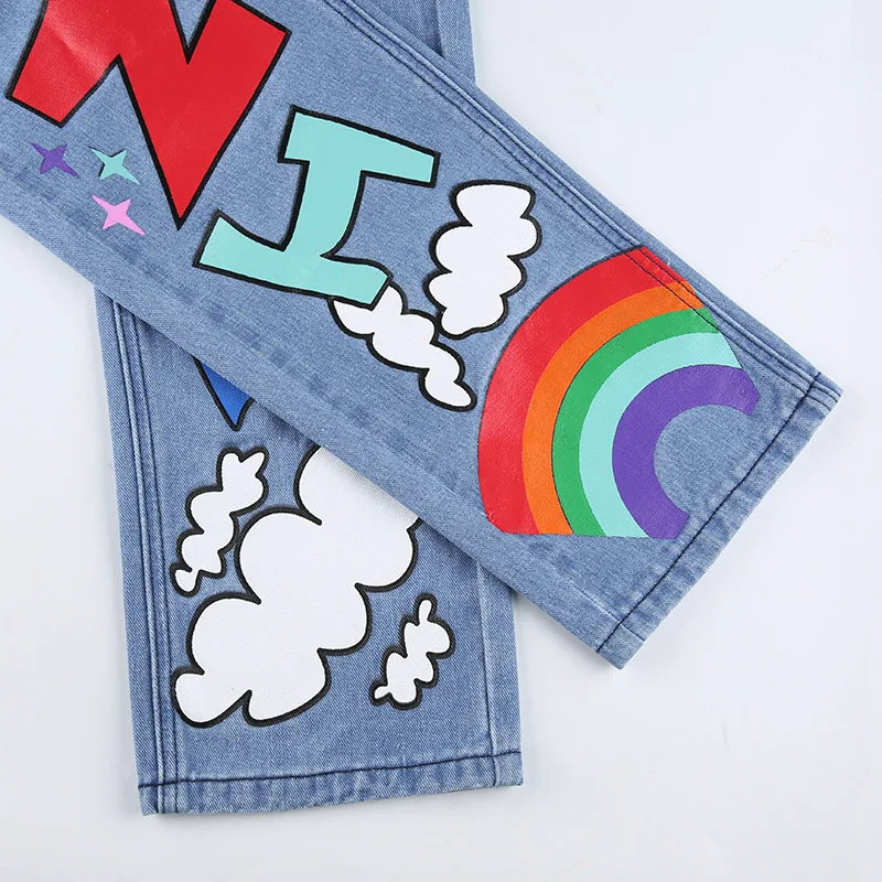 

YYXZ Spring Autumn Fashion Slim Print Cartoon Letters Rainbow High Waist SML Blue Woman Casual Denim Pants Lady Straight Jeans