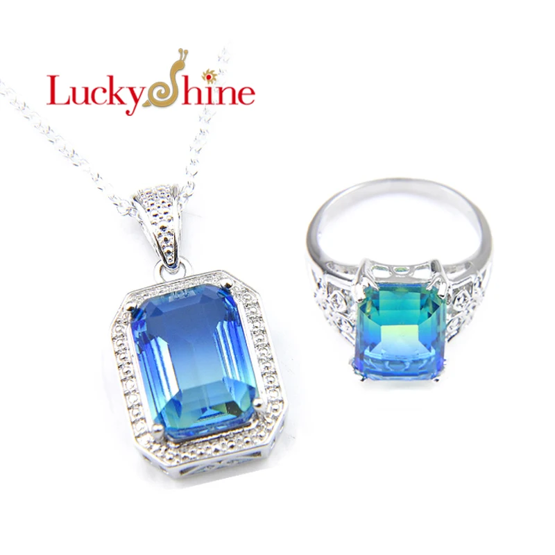 

Luckyshine Women Pendant Rings Sets Square Bi colored Tourmaline Gems Fashion Engagement Jewelry Set new