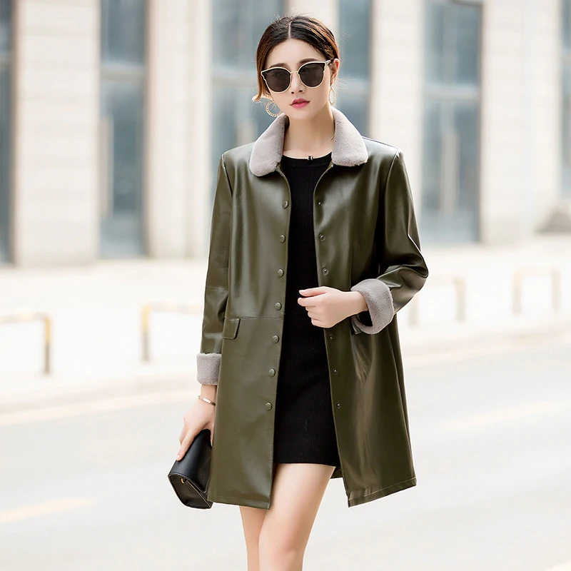 

Large size 5XL plus velvet padded PU leather coat medium-length cotton coat autumn winter new style women leather windbreaker 97