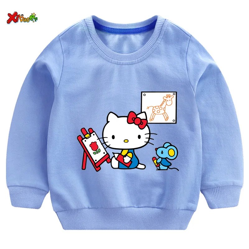 Свитшоты для маленьких девочек Футболка hello kitty г. Осенние толстовки для малышей, пуловер с длинными рукавами Модная одежда с героями мультфильмов красный, белый