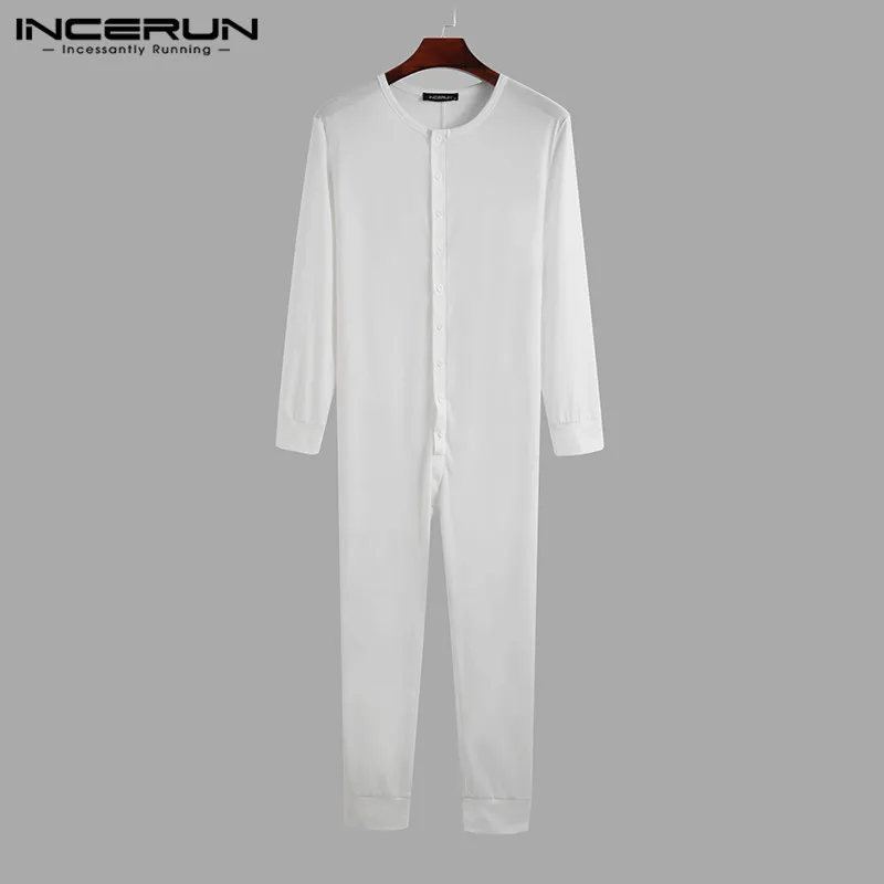 INCERUN Men Pajamas Jumpsuit Homewear Solid Color Long Sleeve Comfortable Button Leisure Sleepwear Men Rompers Nightwear S-5XL 7