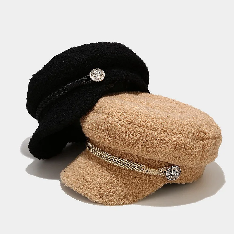 

202011-shi8302or8469 autumn winter Plush Rope Metal buckle decorati solid lady VISORS cap men women leisure hat