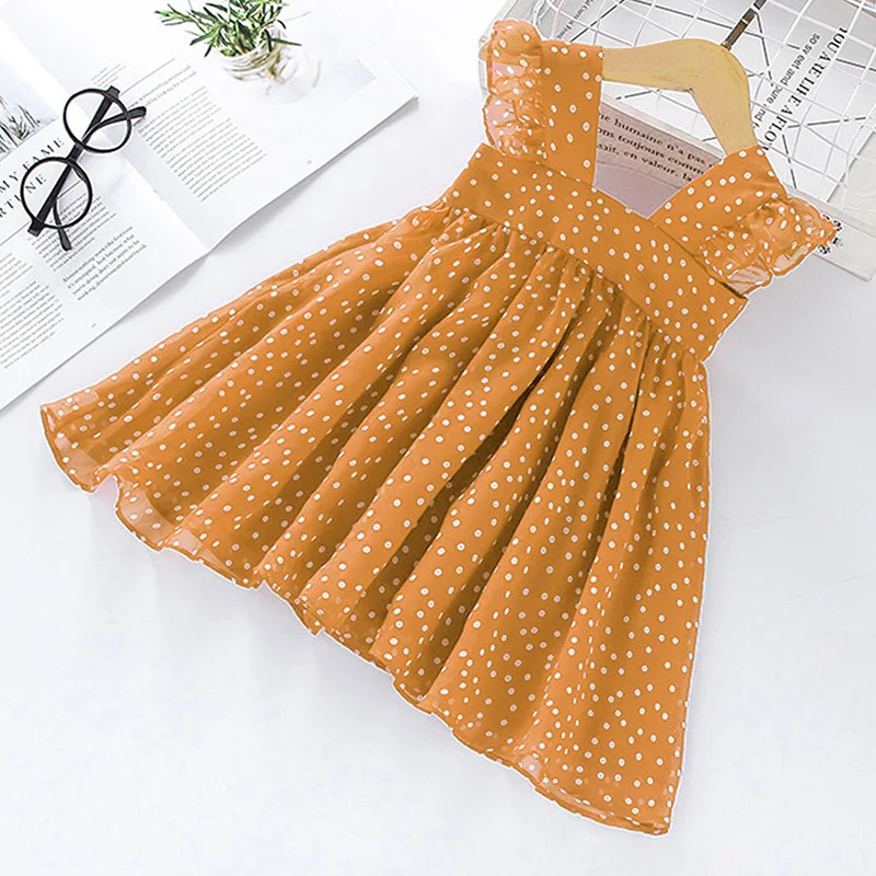 

Sweet Girls Summer Polka Dotted Sundress Dresses Fashion Cute Ruffle Sleeve Knee Length Chiffon Tutu Dress With Bow 3-8Y