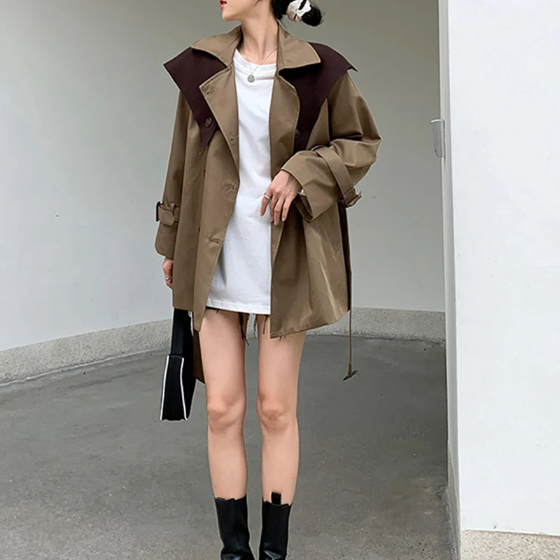 

FORYUNSHES Women Short Trench Coat 2020 Femme Double Breasted Casual Slim Belt Knitted Shawl Vintage Chic Windbreaker Outwear