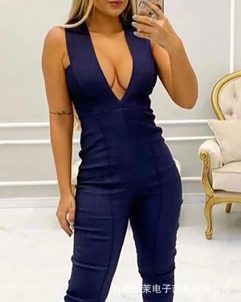 

2021 summer new fashion women's black V-neck jumpsuit