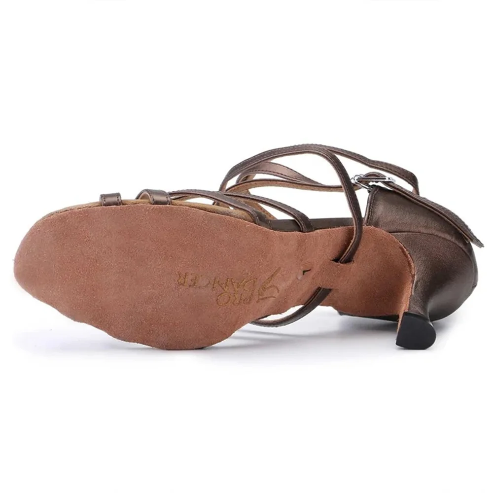 Latin dance shoes Women Flash Satin brown wide thin high heel 7.5cm Salsa Performance Ballroom dancing shoes bd dance