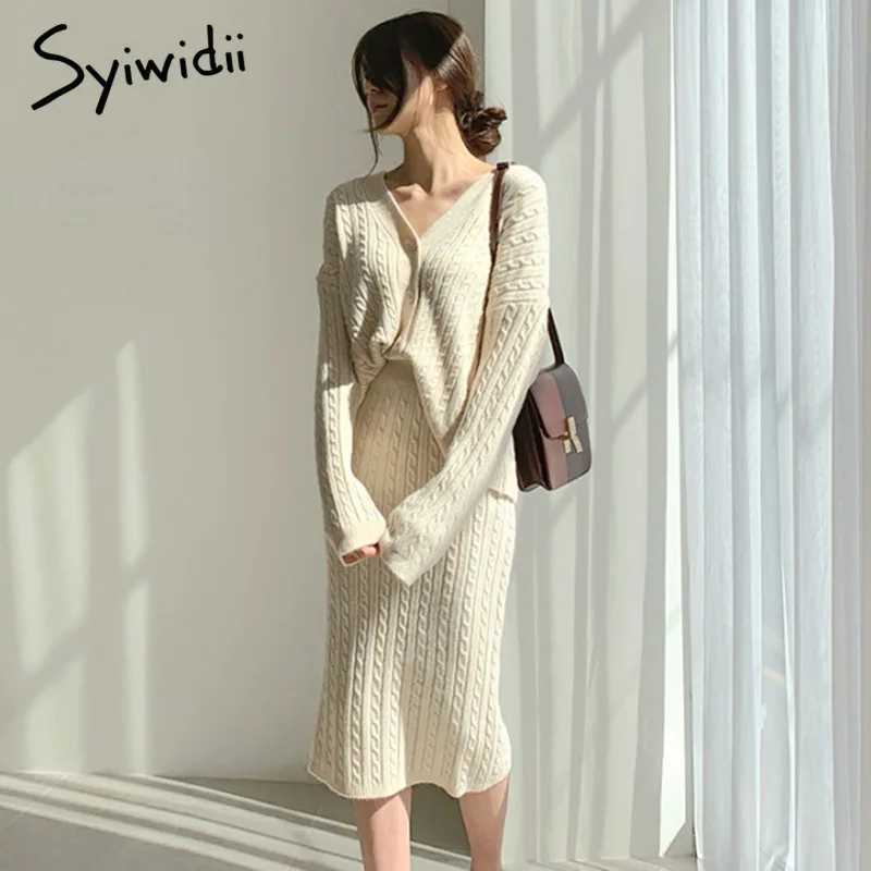 Syiwidii Knit 2 Piece Set Sweater Cardigans Midi Skirts Woman Fall Winter 2021 Elastic Band High Waist Long Skirt Office Outfits |