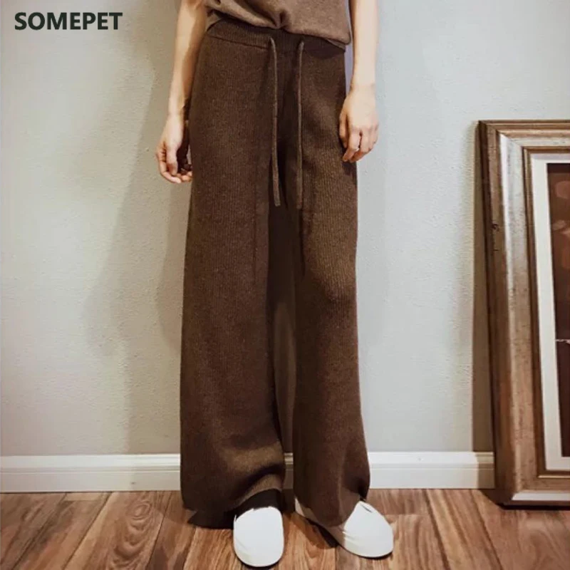 

High Waist cashmere wide leg pants women's trousers casual loose wild wool pants autumn and winter knitted wool pants wear