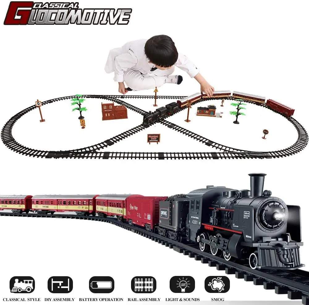 Tren de juguete el&eacute;ctrico de Navidad para ni&ntilde;os, v&iacute;as de ferrocarril, motor de locomotora de vapor, modelo fundido a presi&oacute;n, juego educativo-0