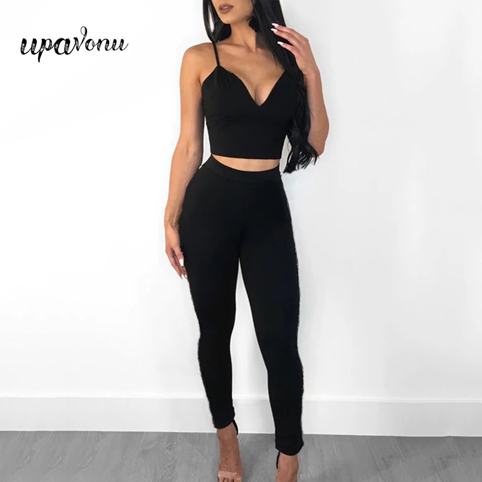 

2020 New Women'S High-Quality Black Bandage Set Casual Women'S Sexy V-Neck Top + High Waist Slim Pants Sports Style 2 Piece Set