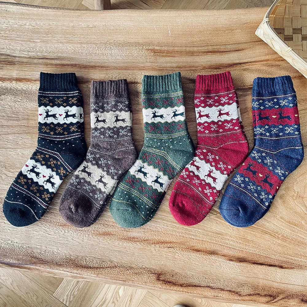 

5Pairs New Witner Thick Warm Wool Women Socks Retro Style Festival Fawn Christmas Socks Gift Free size Dropshipping