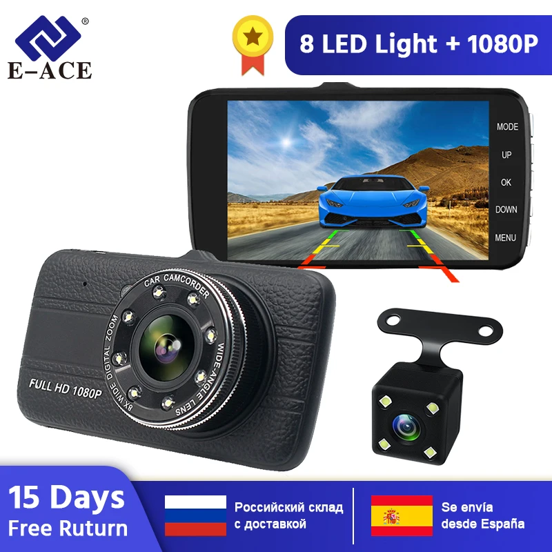 E-ACE 4.0 дюймов Автомобильный видеорегистратор Full HD 1080 P мини Камера автомобильная видео Регистраторы Авто регистратор зеркало заднего вида Ночное видение регистраторы FHD 8 светодиодов Зеркало Камера Автомобиля