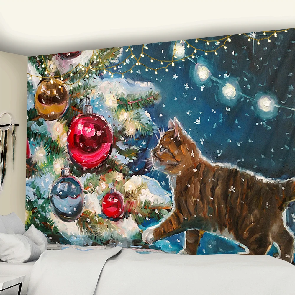 

New Year Christmas Decoration Snow House Nature Cat Tapestry Kawaii Decor Wall Hanging Psychedelic Hippie Aesthetic Home Decor