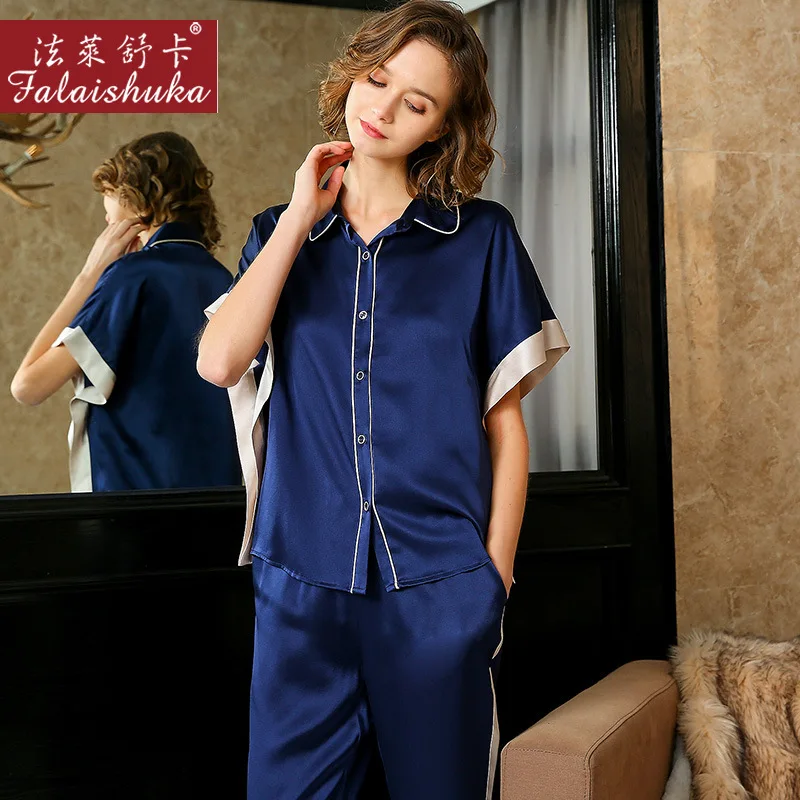 Elegant Navy blue 100% silk pajamas sets women sleepwear short sleeves Korean sexy 100% genuine silk womens pyjamas T8233