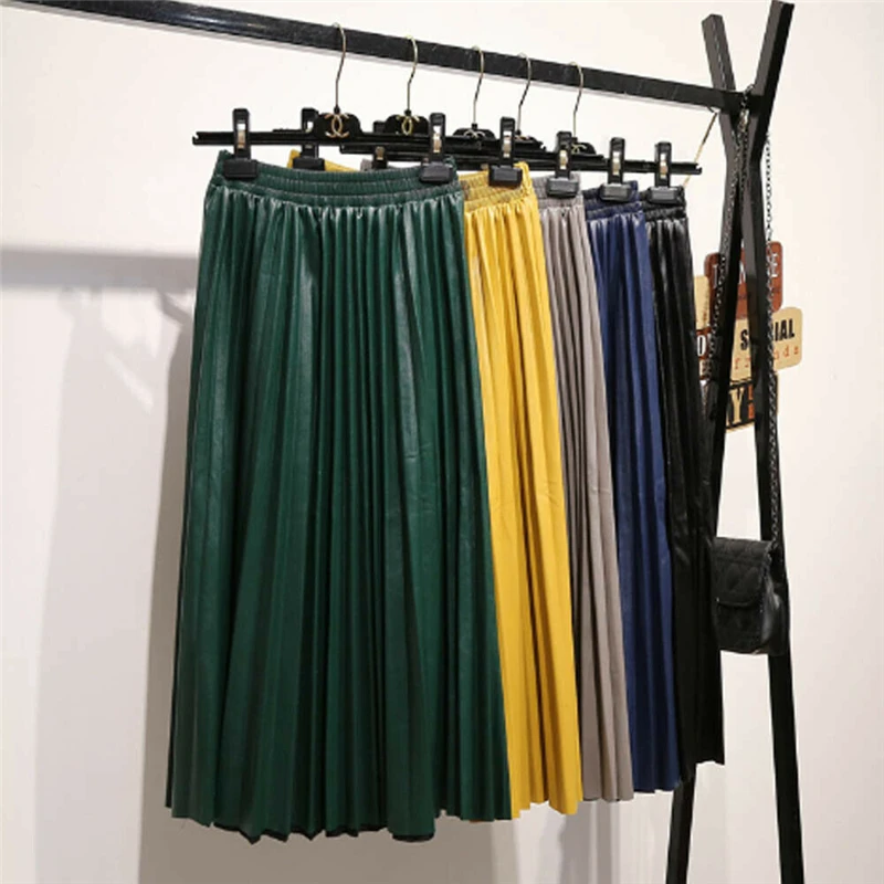 

New Sexy Women Bandage Pleated Skirts Feamle High Waist Pleated PU Mid Skirts Skater Casual Maxi Skirt