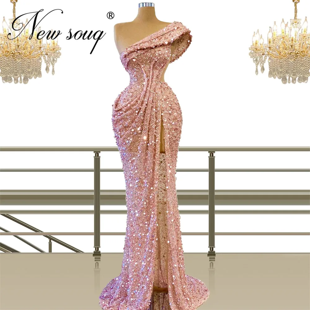 

Arabic Dubai Prom Dress Illusion Pink Beaded Sequins Evening Dresses Vestido De Festa Women Party Night 2021 Kaftans Custom Made