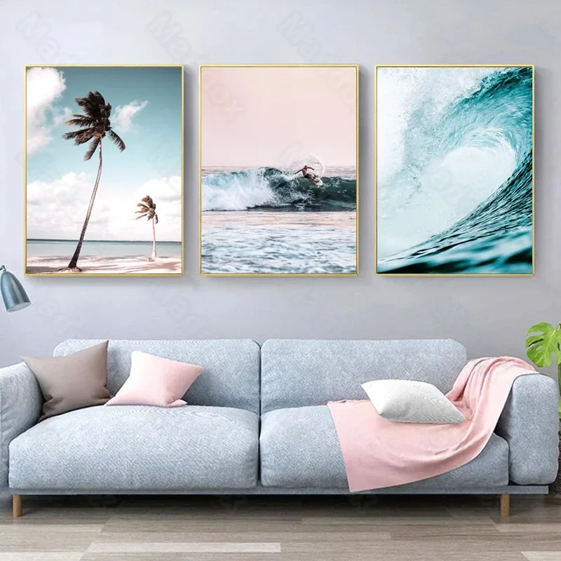 

Still Life Pattern Nordic Style Small Fresh and Beautiful Seaside Scenery Coconut Tree Sea Alone Surfing Decorative Painting