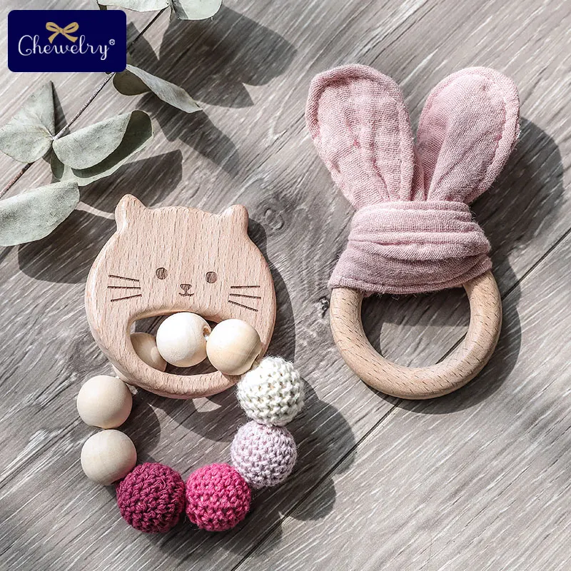1Set Baby Toys Wooden Teether Bracelet Crochet Beads Hand Teething Rattles Bunny Ear Play Gym Stroller Children's Products | Мать и