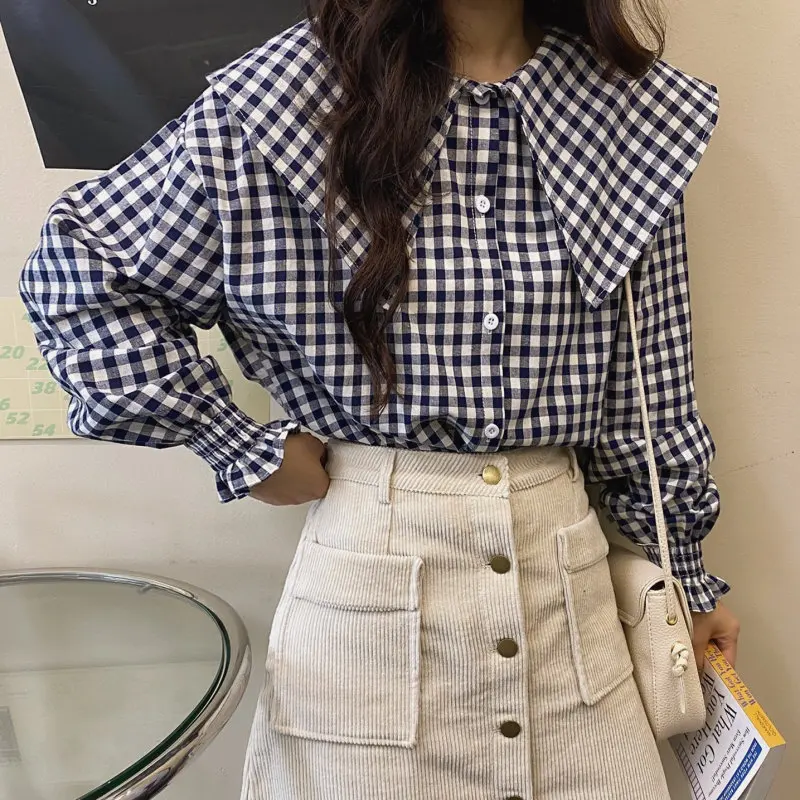 

2020 High Quality Plaid Fresh Women Autumn Shirts Chic Vintage New Stylish Gentle Geometric All Match Retro Blouses PDG1982