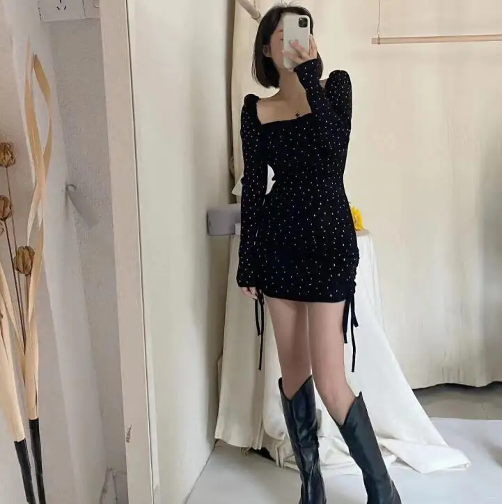 

Korean Chic Sexy Rhinestone Knitted Hip Skirt Drawstring Lace Slim Fit off-Shoulder Dress