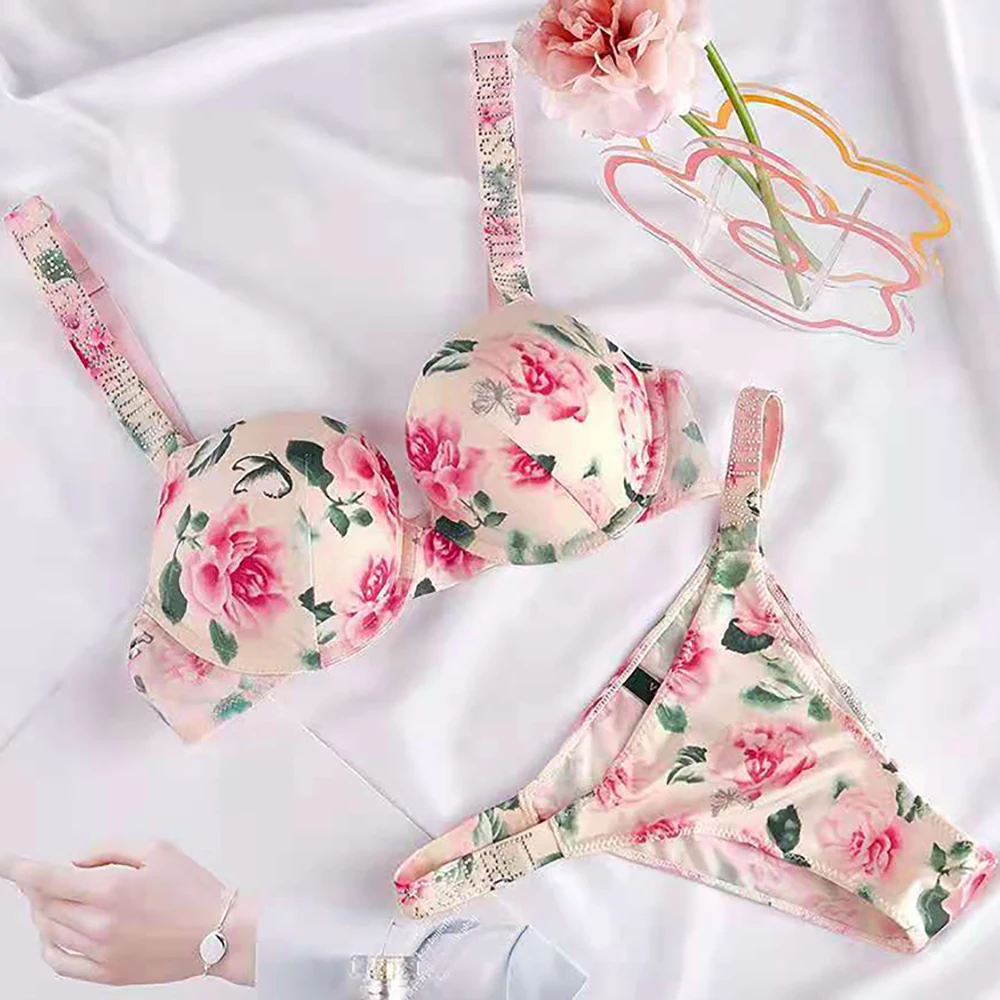 

New Women's Bra Set Bikini Diamond Hot Diamond Underwear Set Traceless Small Broken Flower Sexy Backless Adjustable Bra Bikini