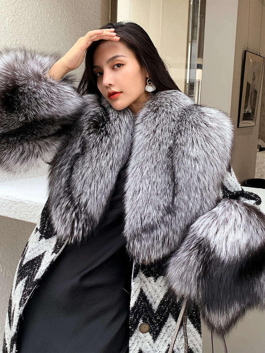 TOP Quality 2021 winter new Fashion female Trend Luxurious Red silver Fox fur parka Women's Large real fur Long Tweed wool coat