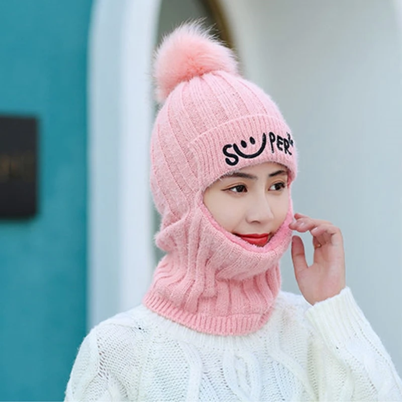 

Women Winter Knit Beanie Balaclava Hat Letters Fleece Lined Zipper Face Mask Cap