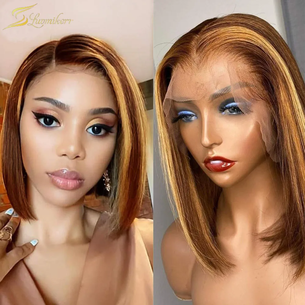 

Ombre Honey Blonde Brown Highlight Bob Wig Lace Front Human Hair Wig Short Straight 13x6 HD Lace Frontal Wig Full Preplucked 360