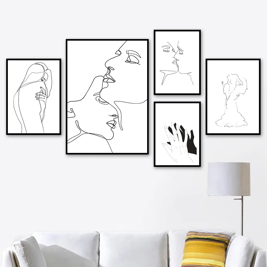 

Abstract Line Drawing Love Kiss Sexy Girl Wall Art Canvas Painting For Living Room Decor Nordic Posters And Prints Wall Pictures