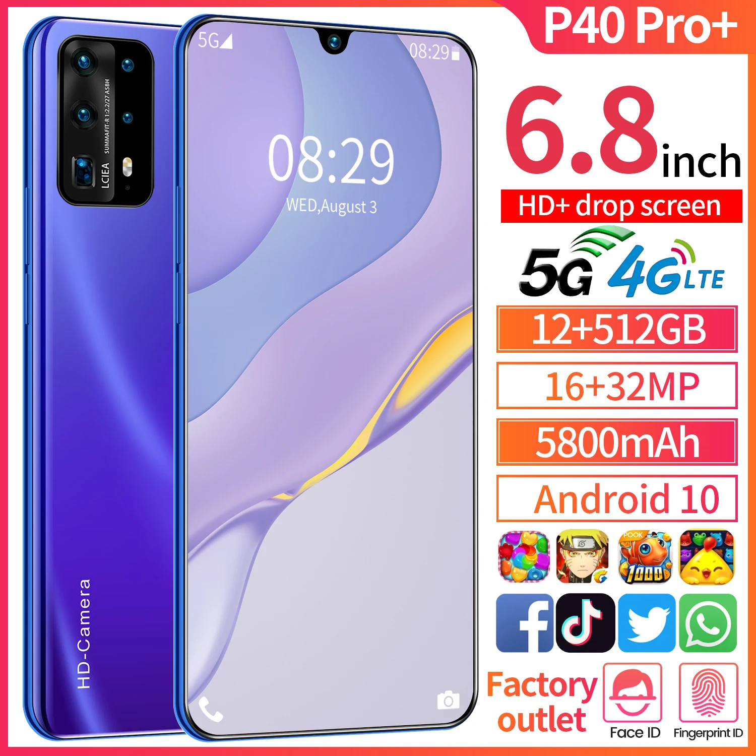 

P40 Pro 6.8 Inch Smartphone 5800mah Android 10 Dual SIM 4G 5G 16MP+ 32MP HD Camera Face Wake 12GB+512GB Global Version CellPhone