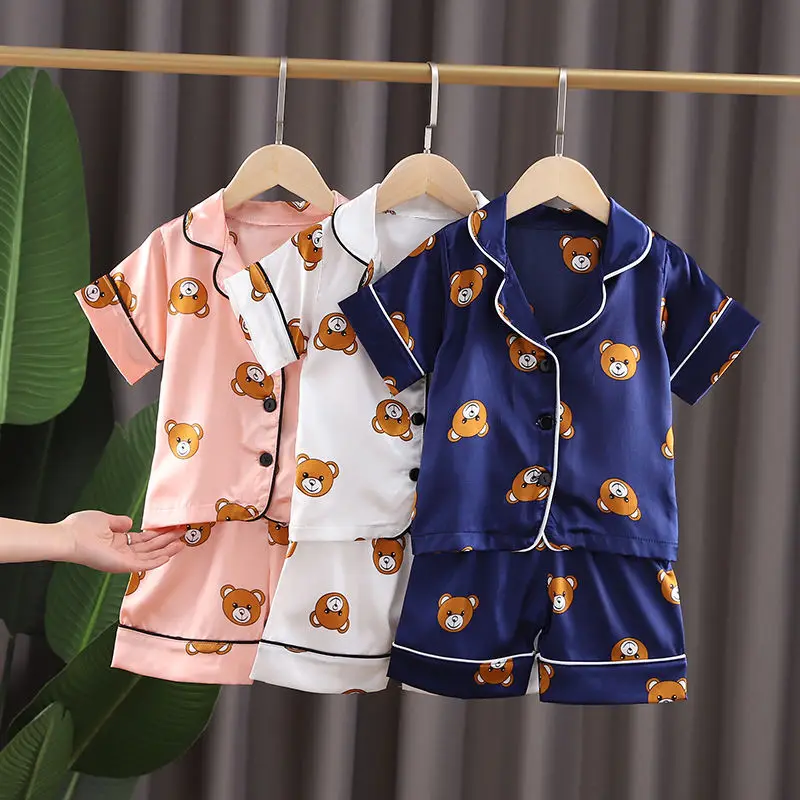 

Boys Girls Kids Pajama Sets Cartoon bear short Sleeve T-Shirt Tops With Pants Toddler Baby Sleeping Clothes Pijamas Sleepwear